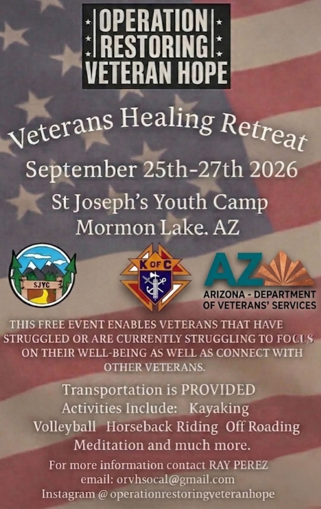 Flyer for the Ninth Annual Veterans Healing Retreat, September 25 through 27, 2026 at St. Joseph's Youth Camp in Mormon Lake, Arizona