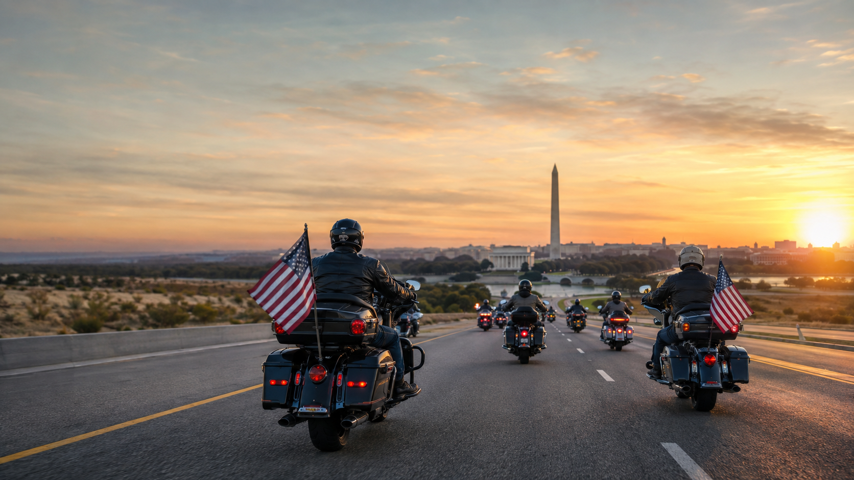 Veteran motorcyclists riding in formation toward Washington, DC at sunrise